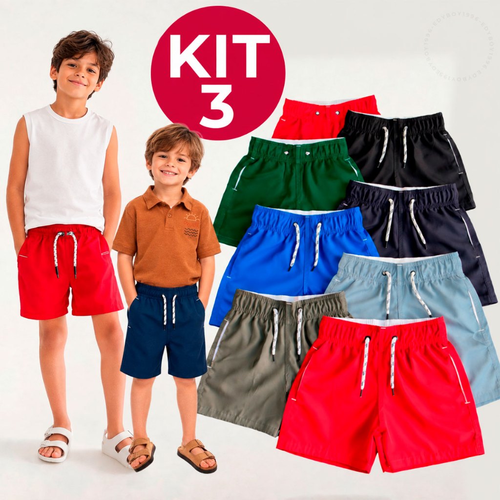 Kit 3 Short Bermuda Infantil Juvenil Tactel Menino Praia Com Bolso Elastano Premium 2 a 16 Anos
