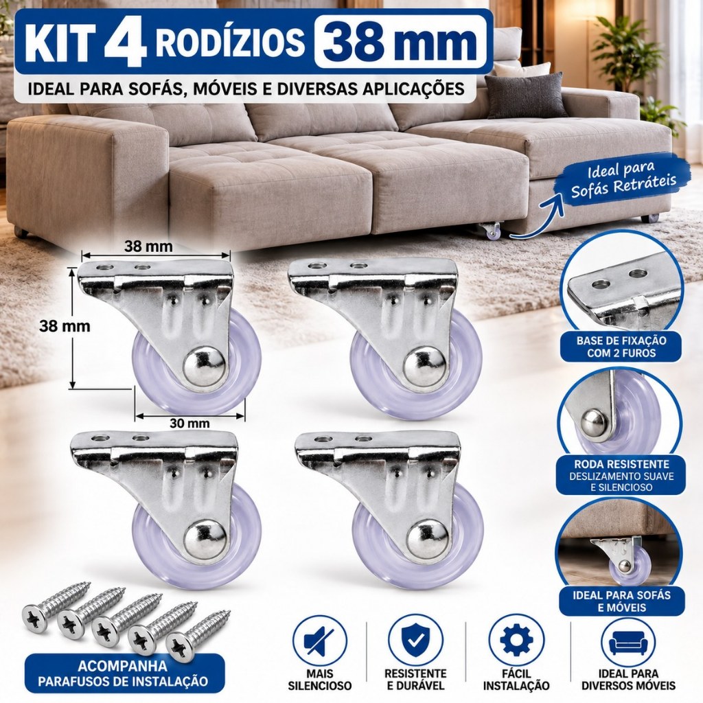 Rodízios para Sofá Retrátil 38mm KIT 4 Peças + Parafusos de Instalação - Anti-Risco e Alta Capacidade de Carga