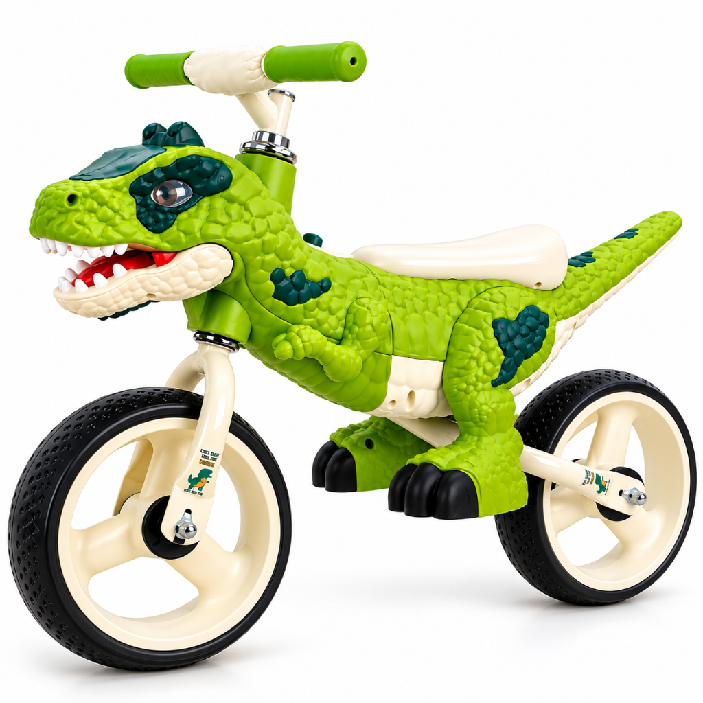 Bicicleta Balance Dino T-Rex Infantil Equilíbrio Sem Pedal 4 Rodas Luz Música Som Seguro Resistente Durável Promoção