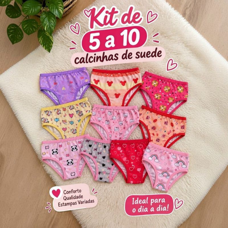 Kit Calcinhas Infantis em Suede Macio Estampadas Desenho Divertido Conforto Infantil Estampa Variadas Menina