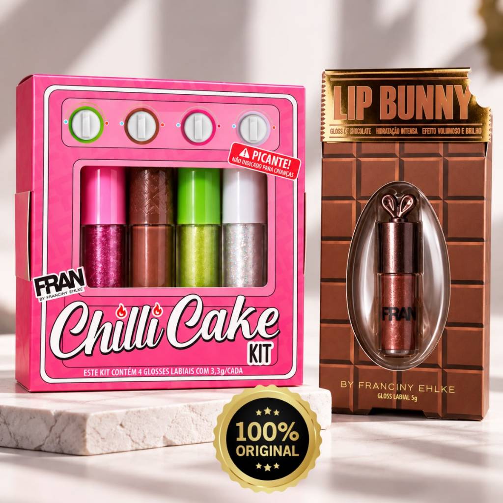 Gloss Labial Chilli Cake Franciny Ehlke 4 Unidades + Lip Bunny Chocolate Brilho Intenso Sensação Picante Original