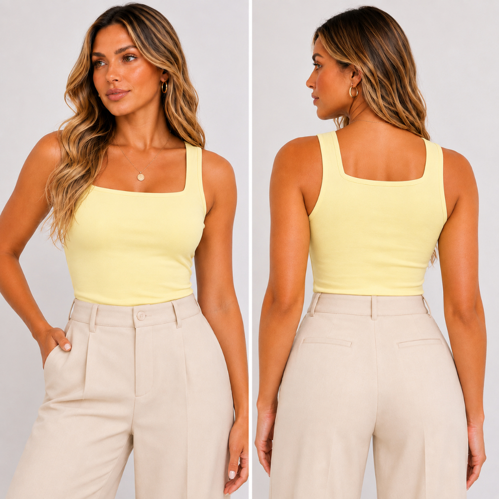 Regata Feminina Blusa Premium Básica Decote Quadrado Lisa Suplex Forro Malha Dupla Blusinha Elegante