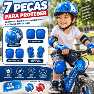 Kit Proteção Infantil 7 Peças Capacete Joelheira Cotoveleira Luva Bicicleta Patinete Skate Patins