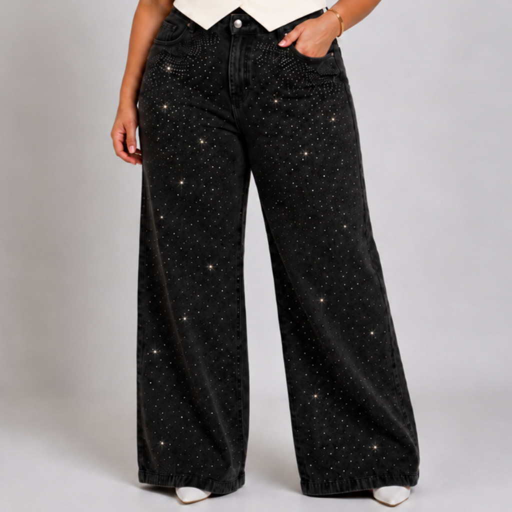 Calça Jeans Feminina Wide Leg Preta com Brilhos Cintura Alta Premium