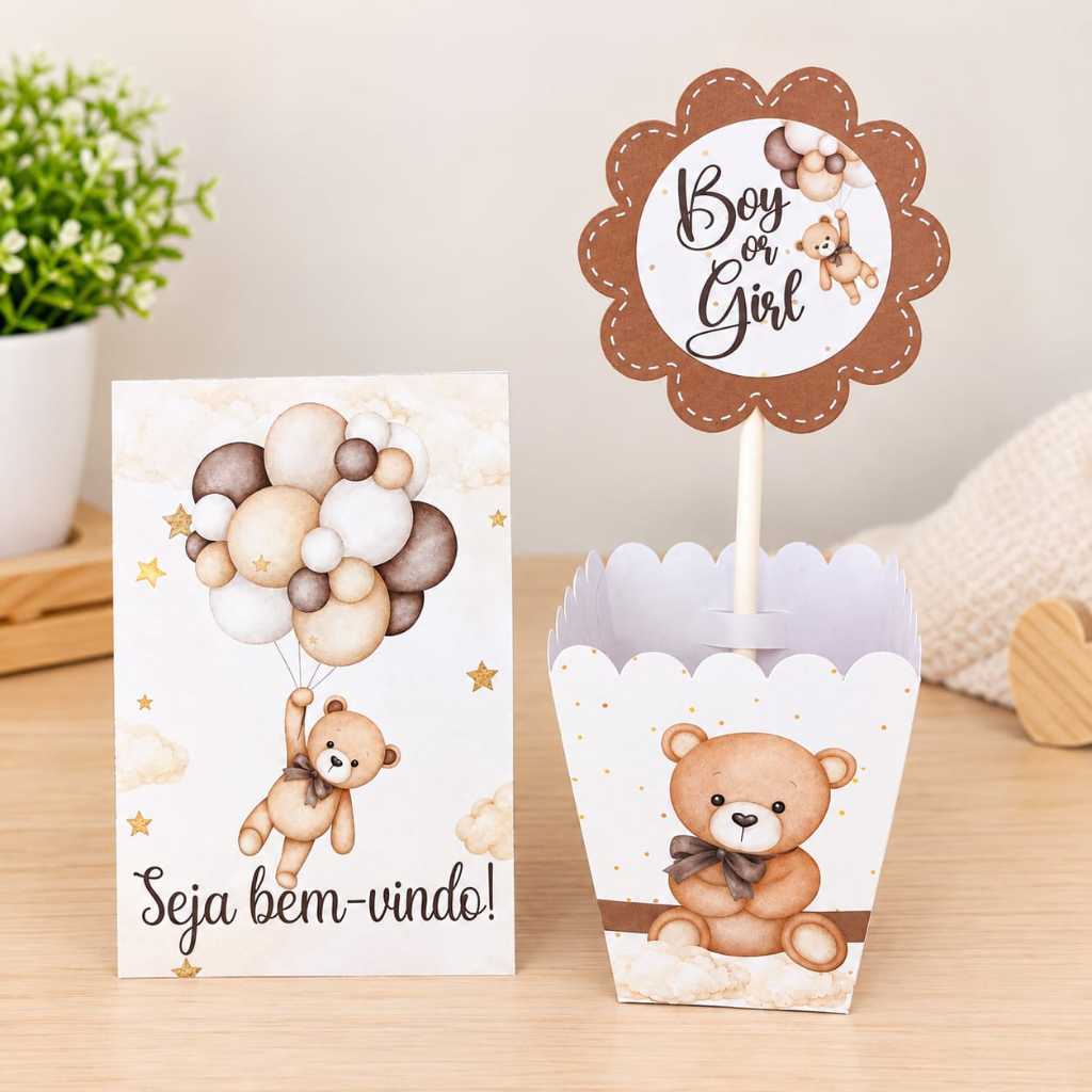 Kit Centro de Mesa + Plaquinha de Agradecimento Chá Revelação Ursinho Marrom Personalizado Lembrancinha.