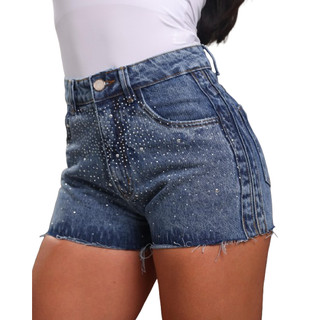 Short Jeans Feminino Sem lycra, Cintura Alta Detalhe De Brilho E Barra Diferenciada, Revesst