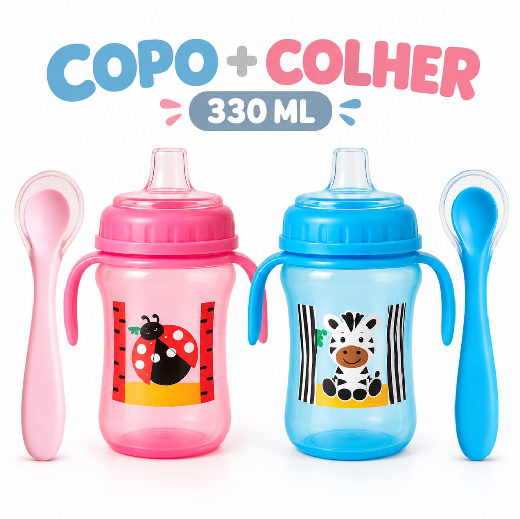 Kit Copo Cefisa Antivazamento + Colher Ponta de Silicone Para Bebê
