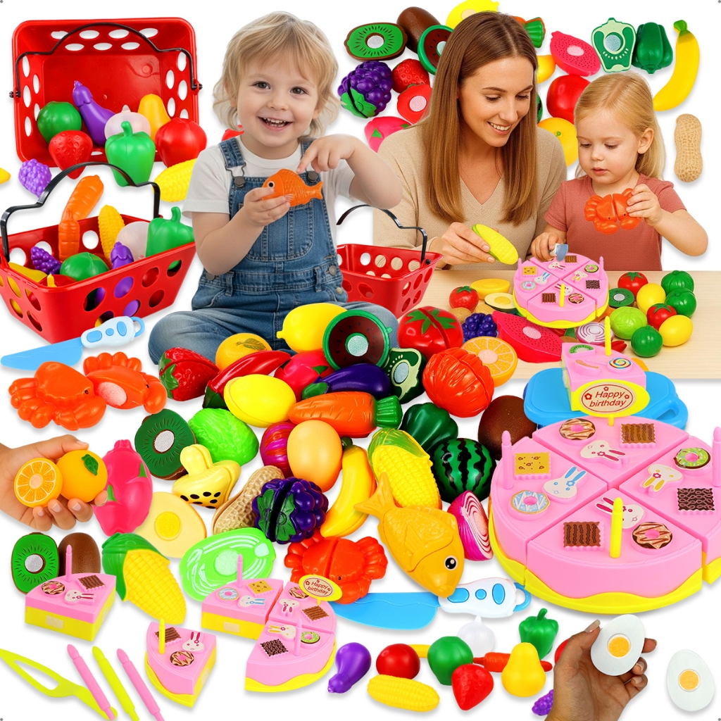 Brinquedo Infantil Kit Bolo Frutas Legumes de Cortar Comidinha Cozinha Educativa Mercado Cestinha Acessórios
