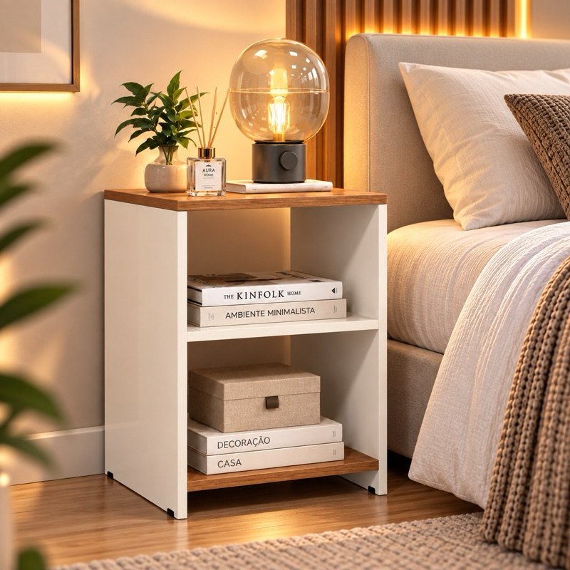 Clean Mesa de Cabeceira Roma Mesinha Quarto Apoio Lateral Prateleira Nicho Retrô Cama Organizador Compacta Simetria