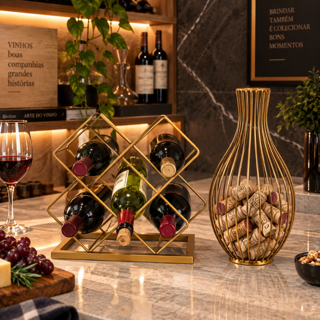 Kit Adega Suporte de Garrafas Mais Porta Rolhas 5 Espaços Decorativo para Vinhos Ferro