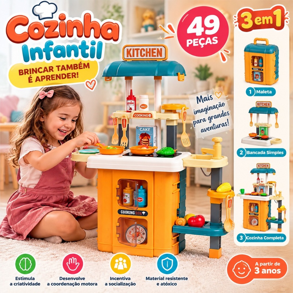 Maleta Infantil Portátil Transfoma Bancada Cozinha Acessórios Comidinhas Panelinhas Faz De Conta