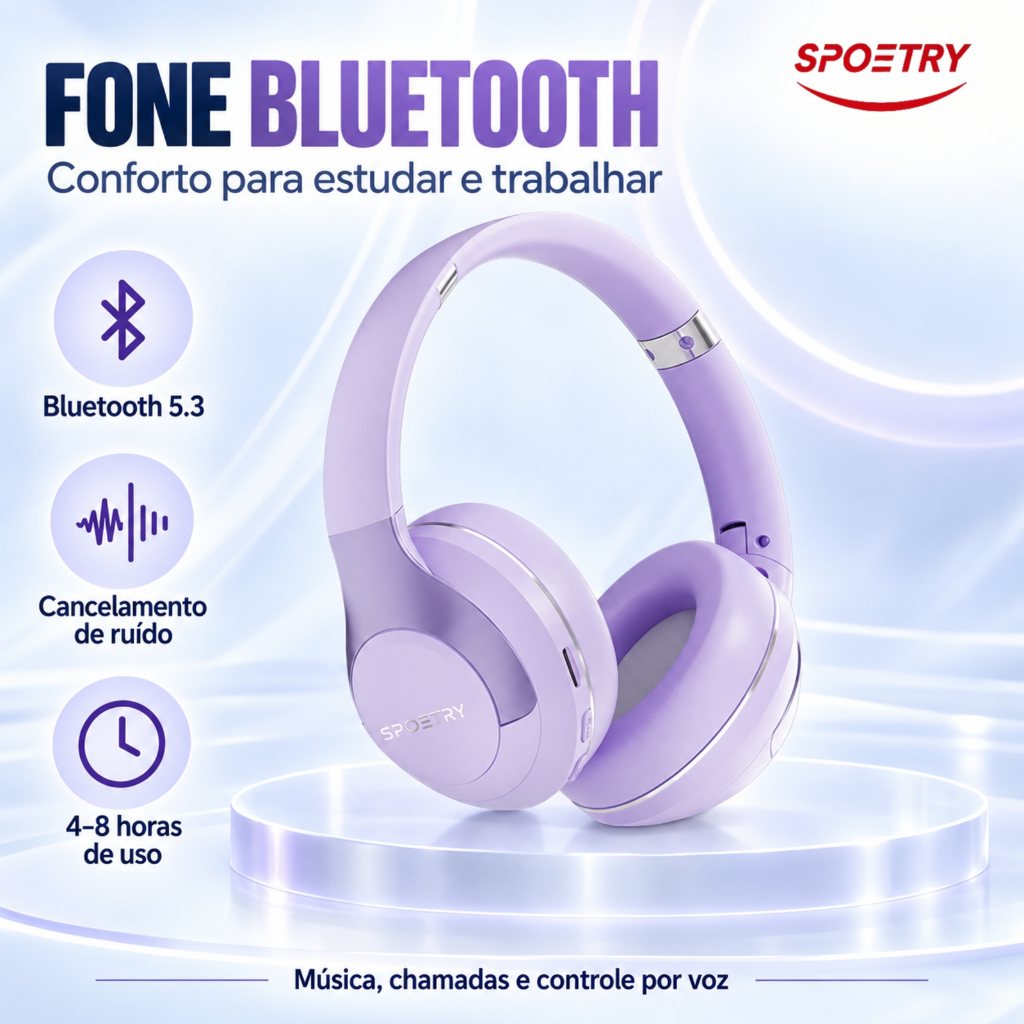 Fone De Ouvido Bluetooth SPOETRY Com Cancelamento De Ruído Confortável Para Estudo Home Office E Trabalho