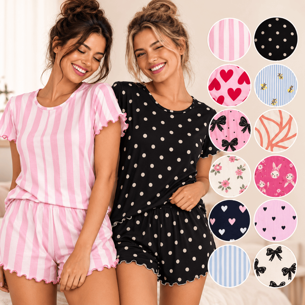 Combo 2 Pijamas Femininos Estampas Sortidas Conjunto Short Doll Babado Verão Leve e Confortável P ao GG