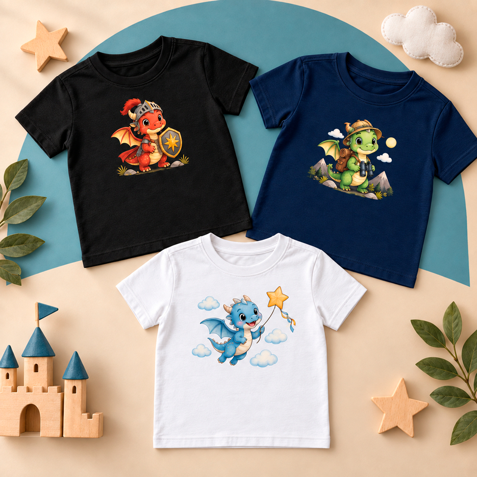 Kit 3 Camisetas Masculina Infantil Juvenil Estampadas | T-Shirt Menino Moderna Casual Algodão Dragão e Dino