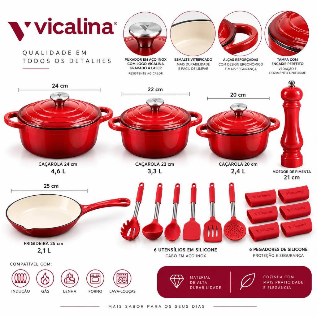 Jogo kit de panelas ferro fundido esmaltadas vitrificadas Vicalina 20 peças