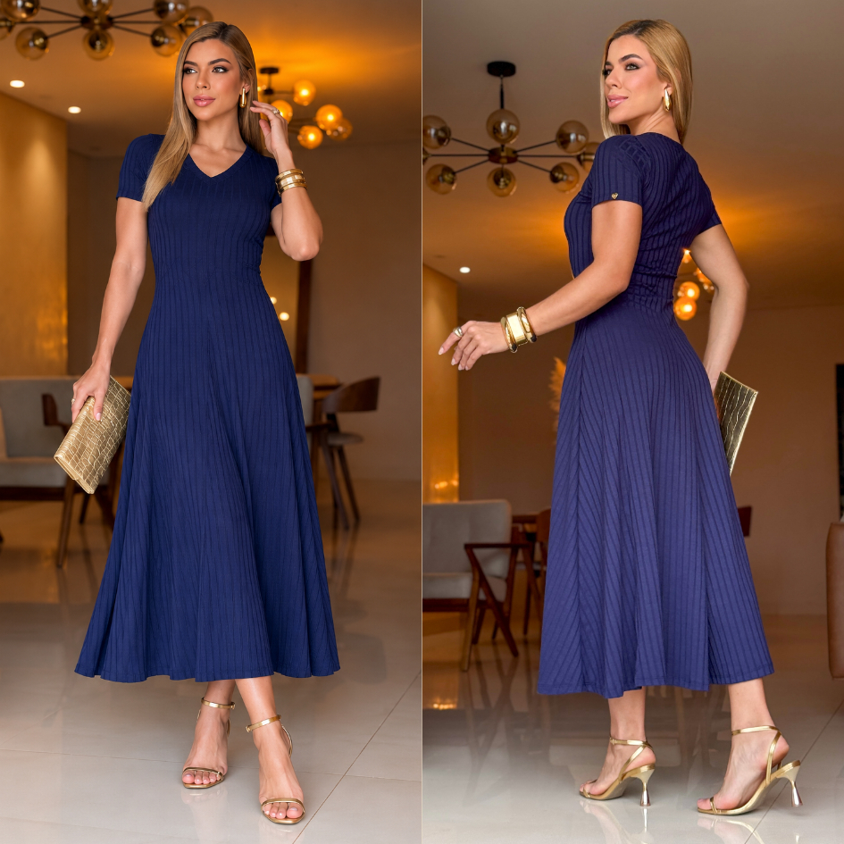 Vestido Midi Canelado Feminino Gola V Acinturado Evasê Moda Evangélica Trabalho Casual - Clássica