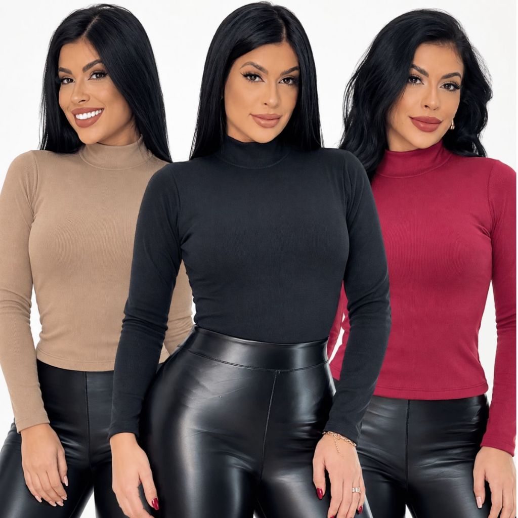 Blusa Feminina Manga Longa Elegante Canelada Gola Alta Moda Inverno Casual Confortável