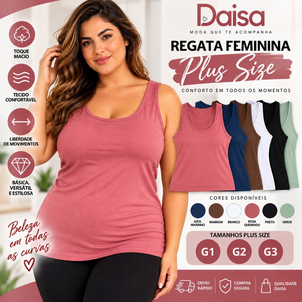Regata Feminina Plus Size G1 G2 G3 Básica de Algodão com Elastano Confortável