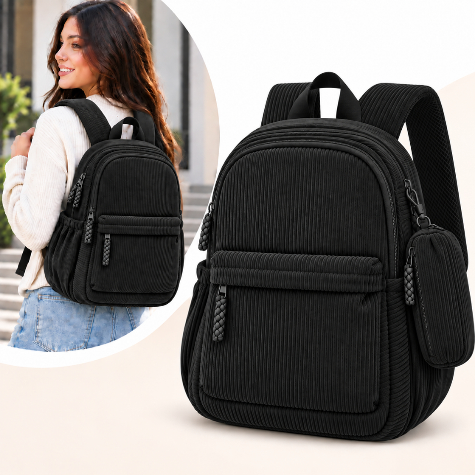 Mochila Escolar Feminina Grande Veludo Cotelê Bolsa de Costas Impermeável Com Estojo Escola Faculdade Trabalho Viagem