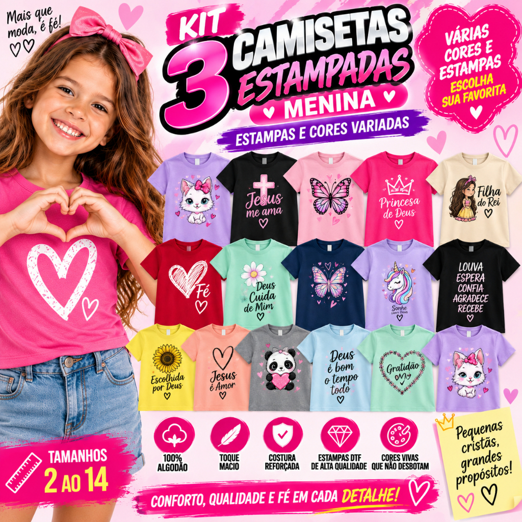 Kit 3 Camisetas Infantil Menina 100% Algodão Estampadas DTF – Cores e Estampas Variadas