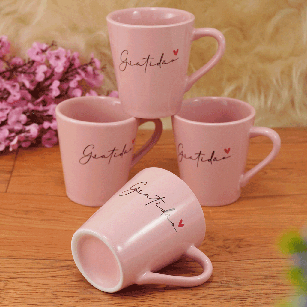 Jogo Xícaras / Canecas Porcelana Café Chá 120 ml Gratidão Amor Rosa