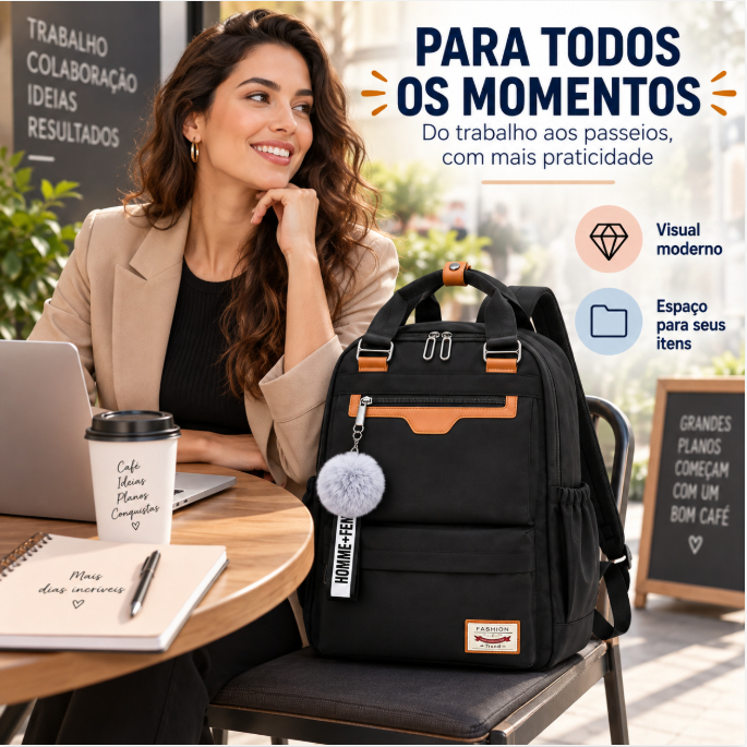 Mochila para Notebook Feminina Executiva, Bolsa Laptop com Compartimentos, Bolsos e Alças Ajustáveis