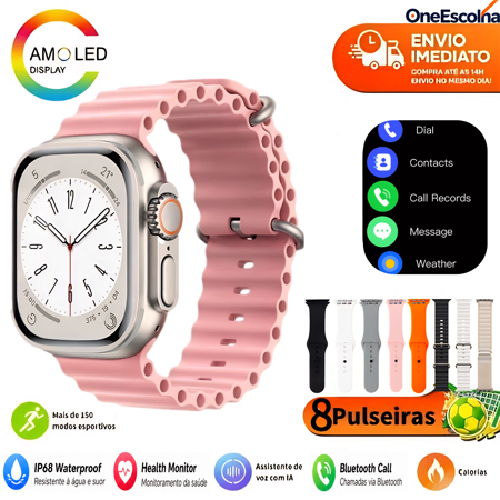 Smartwatch Modelo 2026 Kit 8 em 1 Tela Ultra HD de 2.02 Polegadas Chamadas via Bluetooth Múltiplos Modos Esportivos