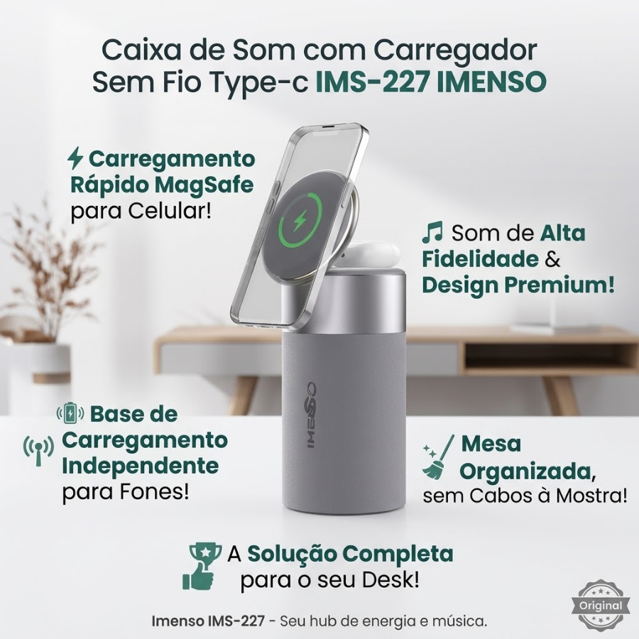 Caixa de Som com Carregador por Indução Magsafe 15W Sem Fio e Luminária Imenso Original IMS-227 Bateria de 1800mAh