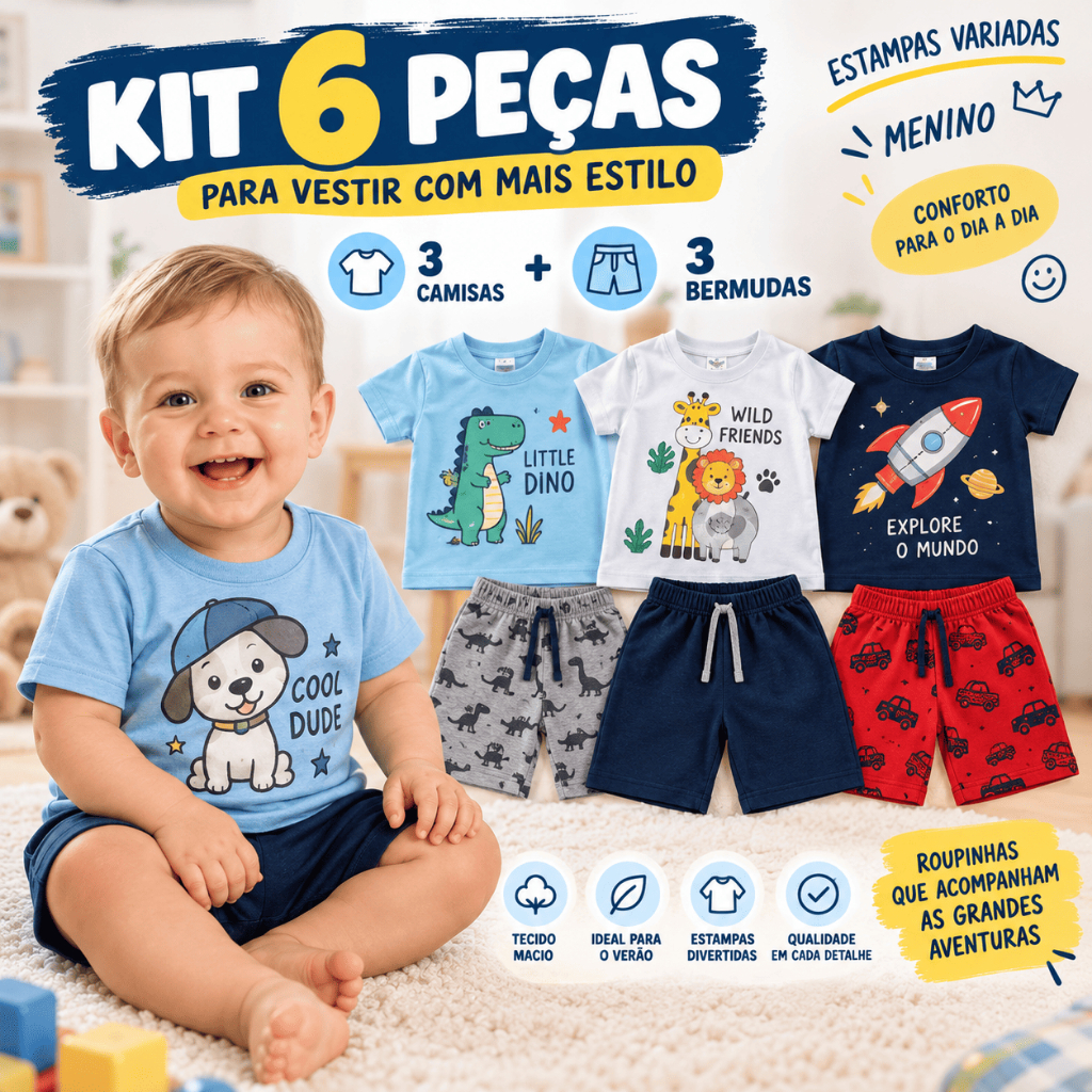 Kit 6 Peças de Roupas Menino Conjunto Infantil Verão 3 Camisas + 3 Bermudas Algodão