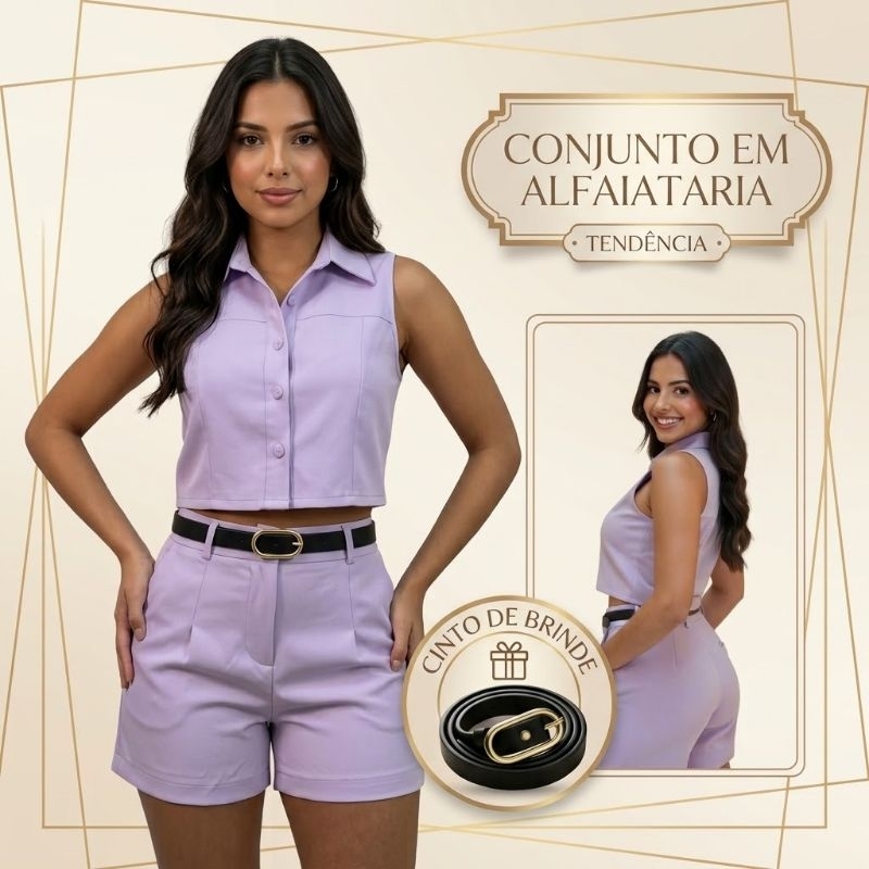 CONJUNTO FEMININO ALFAIATARIA COLETE SOCIAL COM BOTÃO SHORT ALFAIATARIA SOLTINHO VERÃO