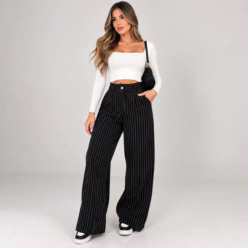 Calça Pantalona Alfaiataria Feminina Cintura Alta com Bolso Giz Wide leg