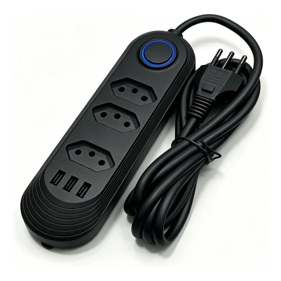 Régua Extensão Elétrica 4 Tomadas 3 USB 2m 10A Bivolt preta