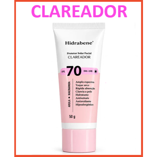 Hidrabene Protetor Solar Facial Clareador FPS 70 Toque Seco Antissinais Clareia a pele 50g