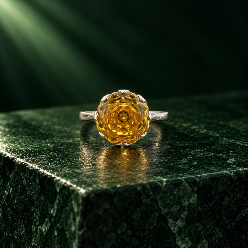 Anel Solitário Rose Cut Amarelo 10mm em Prata 925