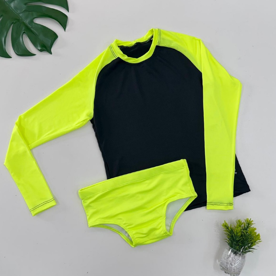 Conjunto kids uv neon - camisa e sunga fator solar praia e piscina infantil