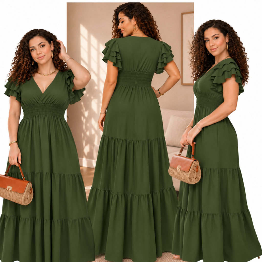 Vestido Feminino Longo Saia 3 Maria Manga com Babado Festa Formatura Fardamento Evangélico Madrinha