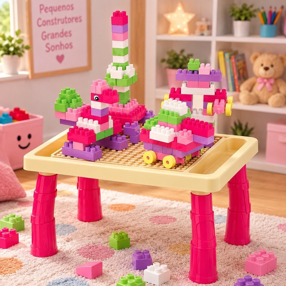 Mesa Didática Infantil com 100 Peças Blocos Montar Figurinhas Rosa e Verde Agua Divertido e Educativo
