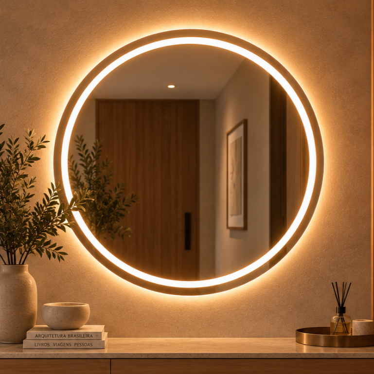 Espelho Redondo Grande com LED 60x60 Touch 3 Cores Jateado Banheiro