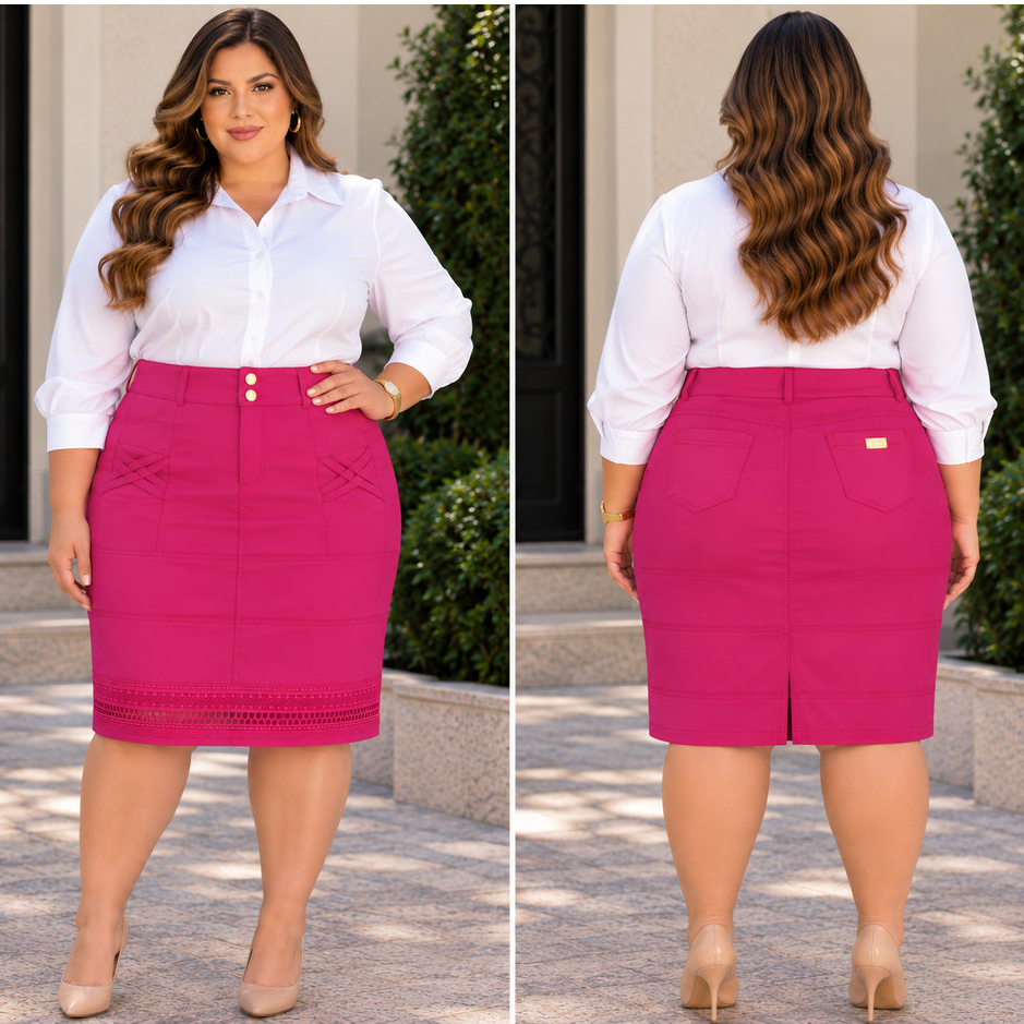 Saia Esmeralda Plus Size em Sarja com Guipir no Barrado, Recortes Frontais e Zíper