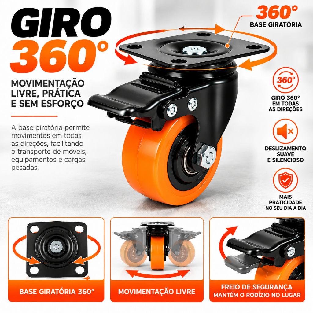 Kit 4 / 2 Rodízio Rodinhas Roda Moveis Bancos Banquetas Giratórias Com Freio Reforçada Capacidade 400kg 50mm 2 Polegadas — imagem 2 de 2