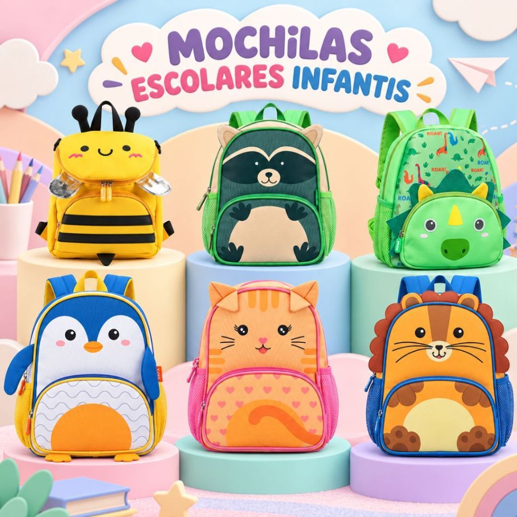 Mochila Infantil Escolar Creche 3D Dinossauro Safari Zoo Neoprene Passeio Bichinhos Jardim Escola Menino Menina Costas