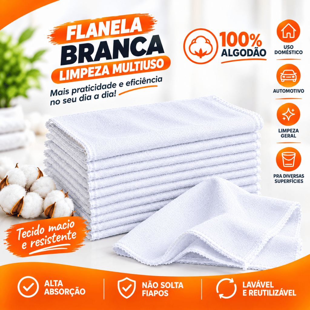 Kit Flanela Branca 100% Algodão 30x40cm Pano de Limpeza Multiuso Automotiva Casa e Polimento