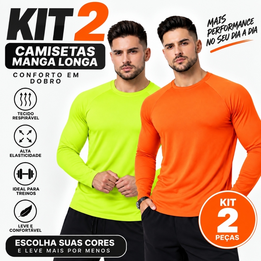 Kit 2 Camisetas Térmica UV Ciclista Longa Blusa Malha Fria Academia Musculação Treino