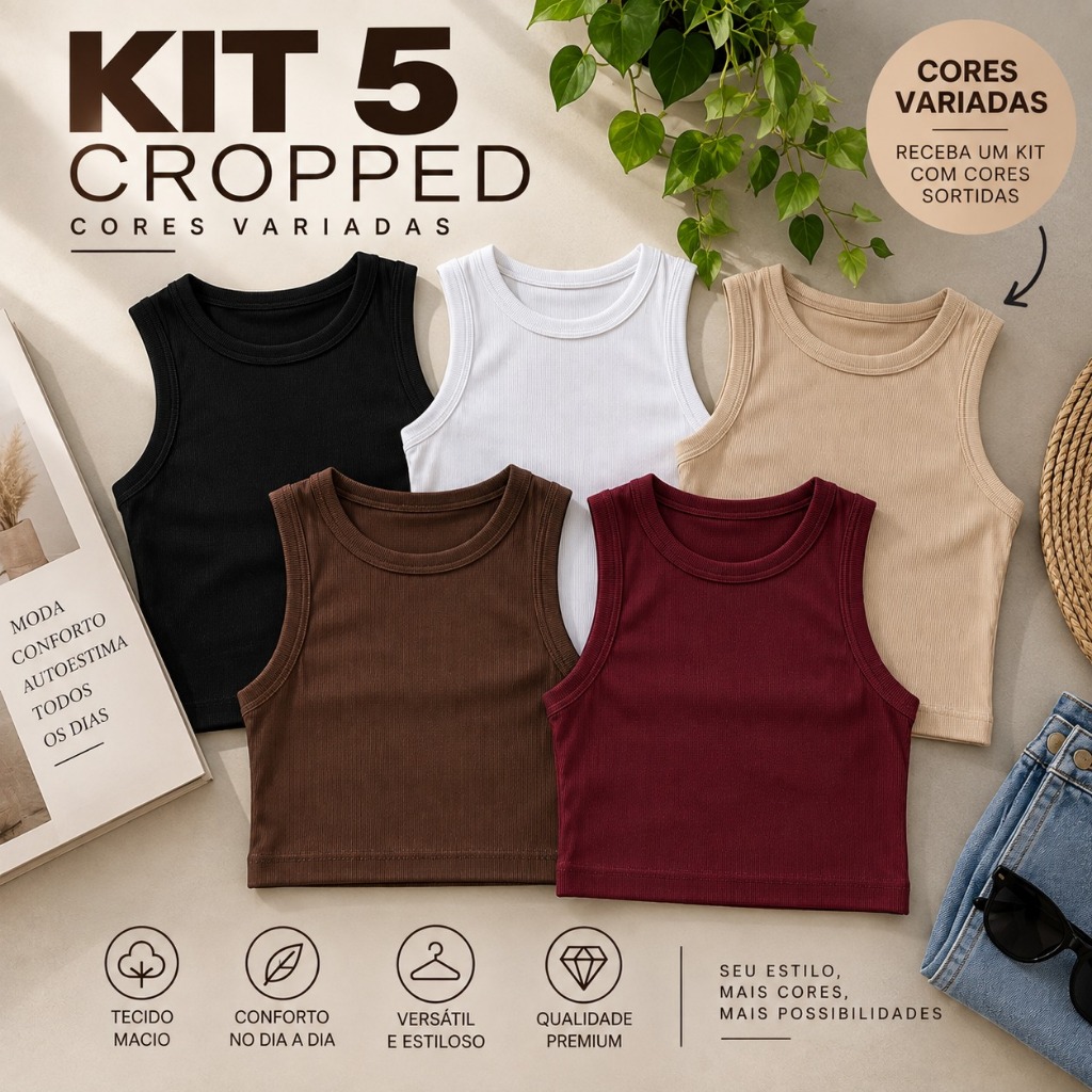 Kit 5 Cropped Feminino Regata Canelada Regata Feminina Camisetinha Basica Croped Canelado Basico Ribana Canelada Algodão