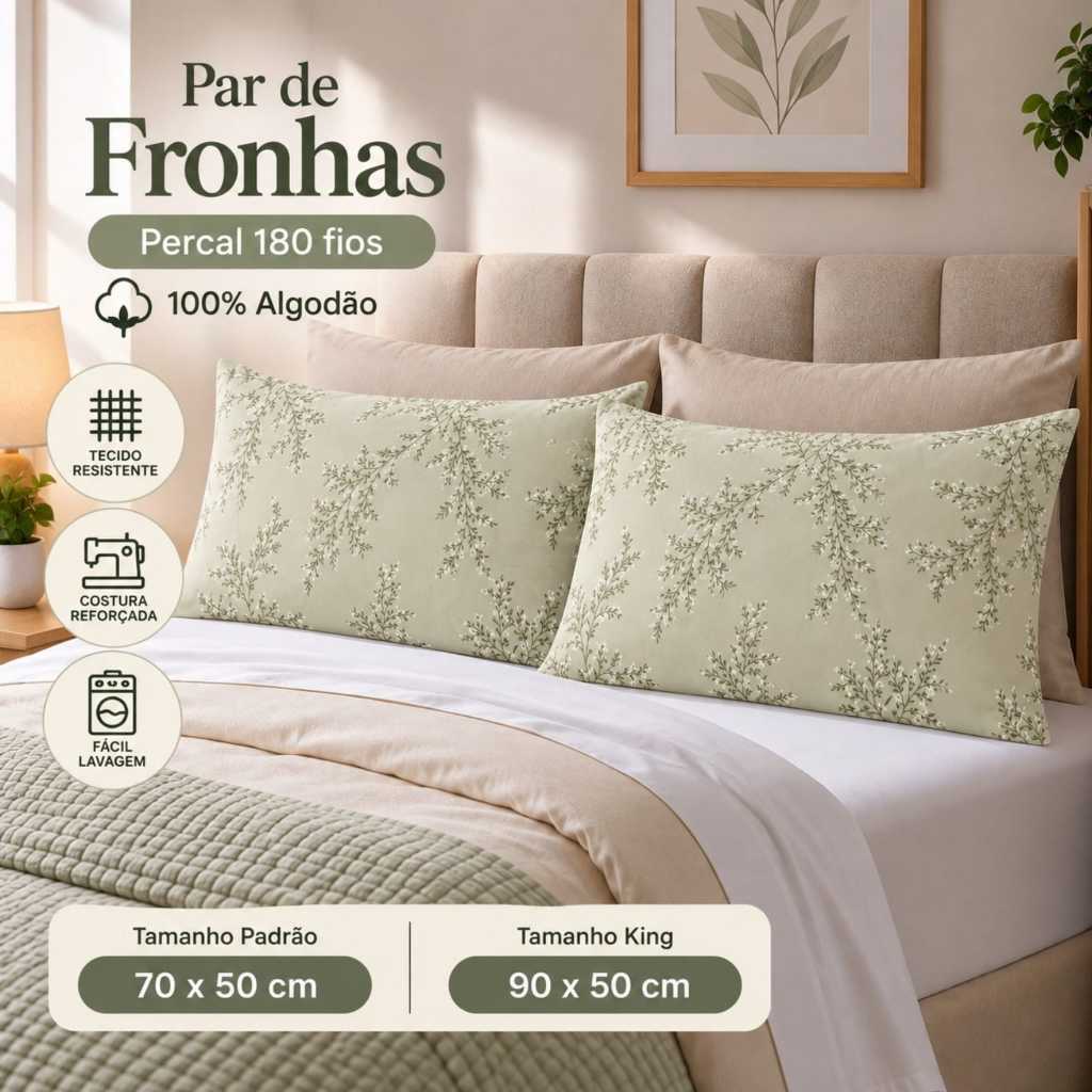 Kit 2 Fronhas Estampadas Percal 180 Fios 100% Algodão,70x50 ou king 90x50, super macia, Par Fronhas.