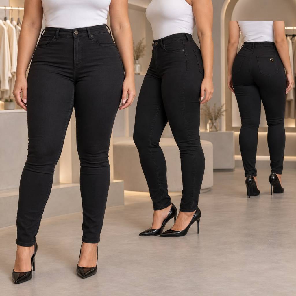 calça jeans preta skinny feminina com licra cintura alta empina bumbum