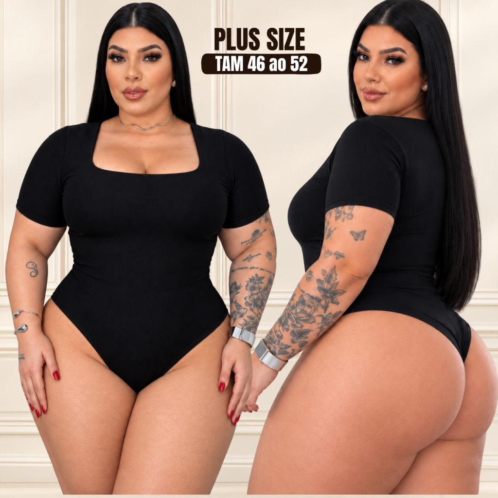 Blusa plus size feminina bory decote quadrado manga curta modelador body marrom collant moda plus size feminina