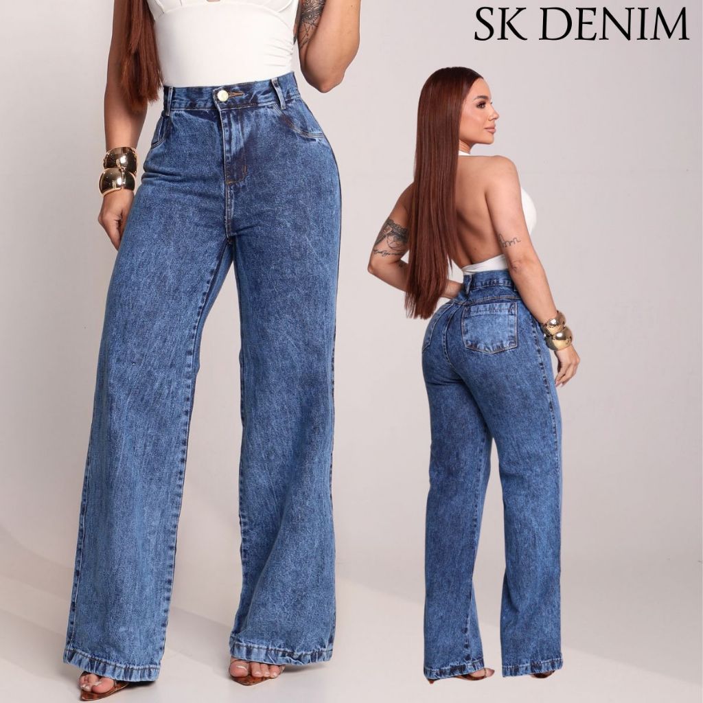 Calça Jeans Feminina Wide Leg Marmorizada Cintura Alta Pantalona Tecido Grosso Linha Premium 100% Algodão Levanta Bumbum