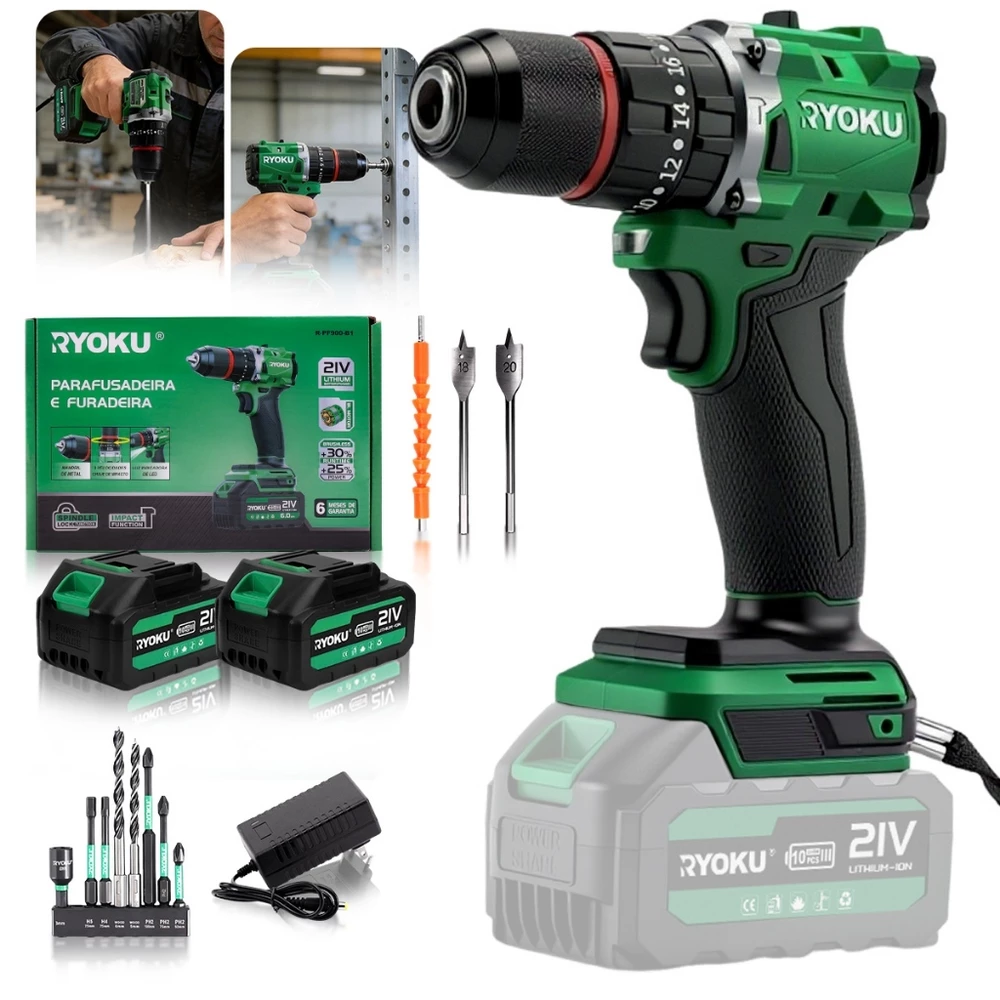 Furadeira Parafusadeira Impacto Brushless 2 Baterias RYOKU 21v 10mm 70Nm
