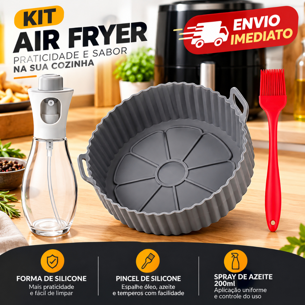 Kit Air Fryer Forma de Silicone + Pincel de Silicone + Spray Pulverizador de Azeite 200ml + Acessórios Cozinha